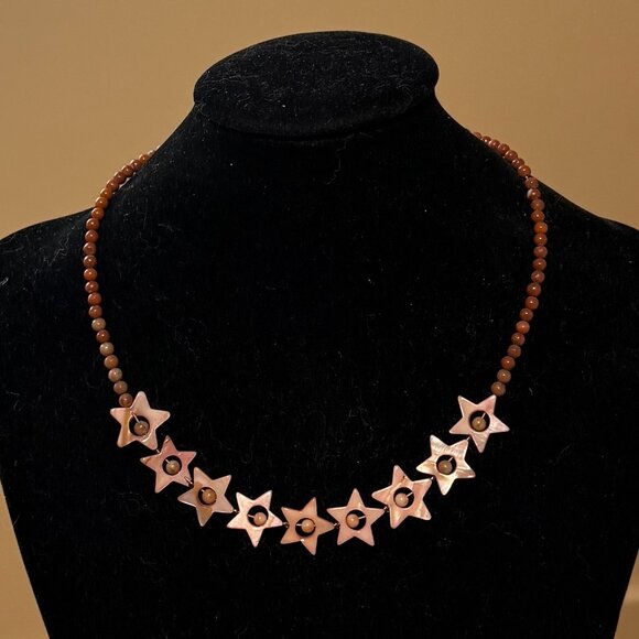 Starry Night Short Necklace, Beaded Pink Mother of Pearl Stars & Earthy Jasper - Picture 3 of 13